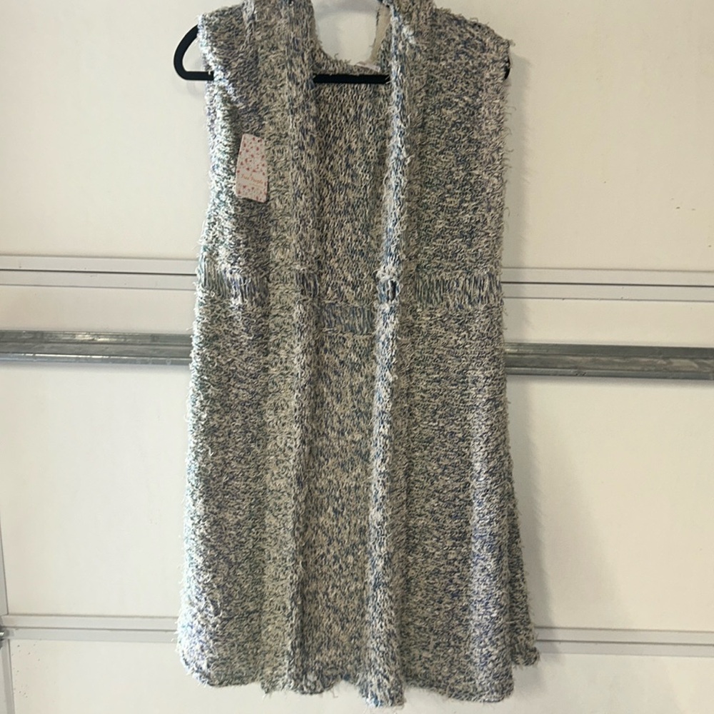 Free People fringy long sleeveless cardigan with hood